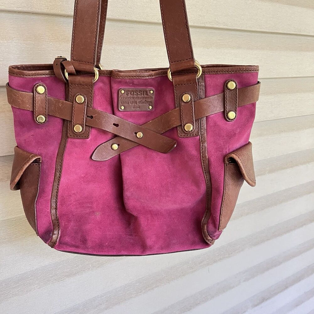 READ Fossil Adrina Vtg Suede Fuschia/Pink/Wine Leather Trim Tote Shoulder Bag